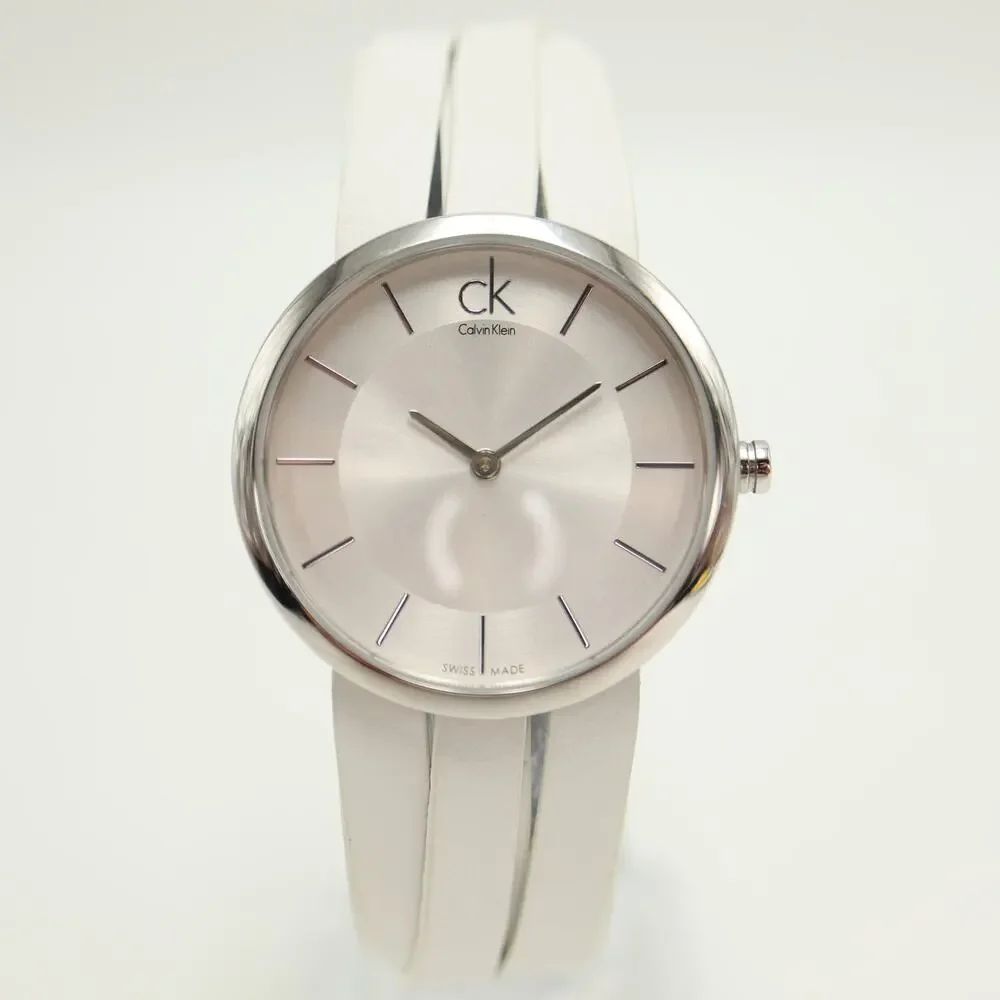 Calvin Klein Swiss Made Silver Tone 32mm Women Watch White Leather w New Battery